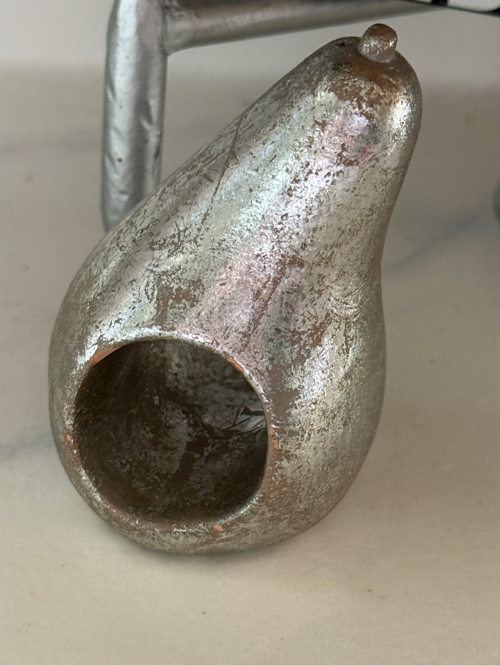 Silver Metallic Pear Decorative Sculpture  or napkin holder plaster painted 4”